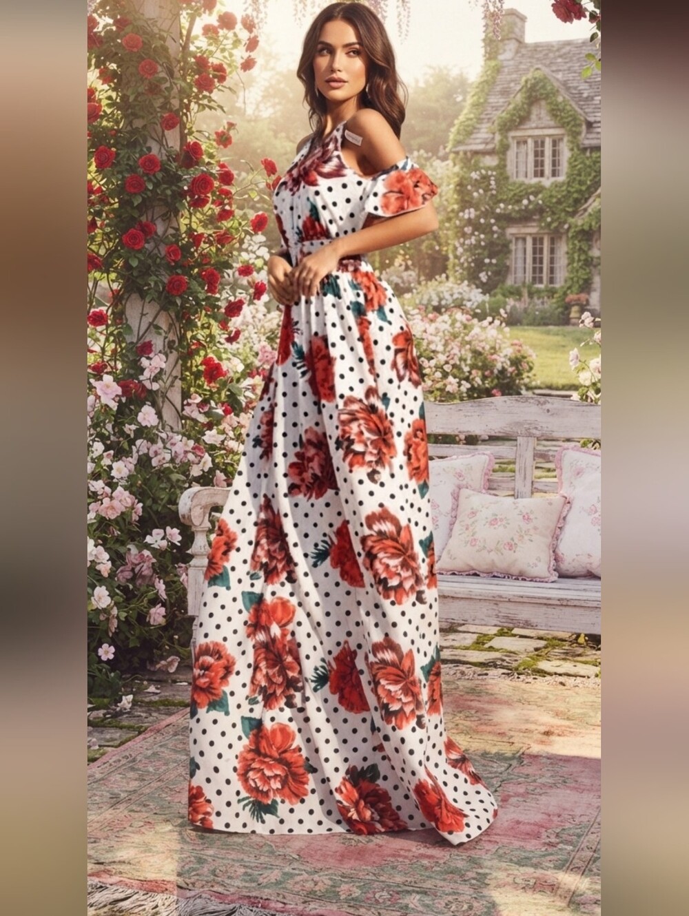 Multicolor Floral and Polka Dot Cold Shoulder Backless Bohemian Dress
